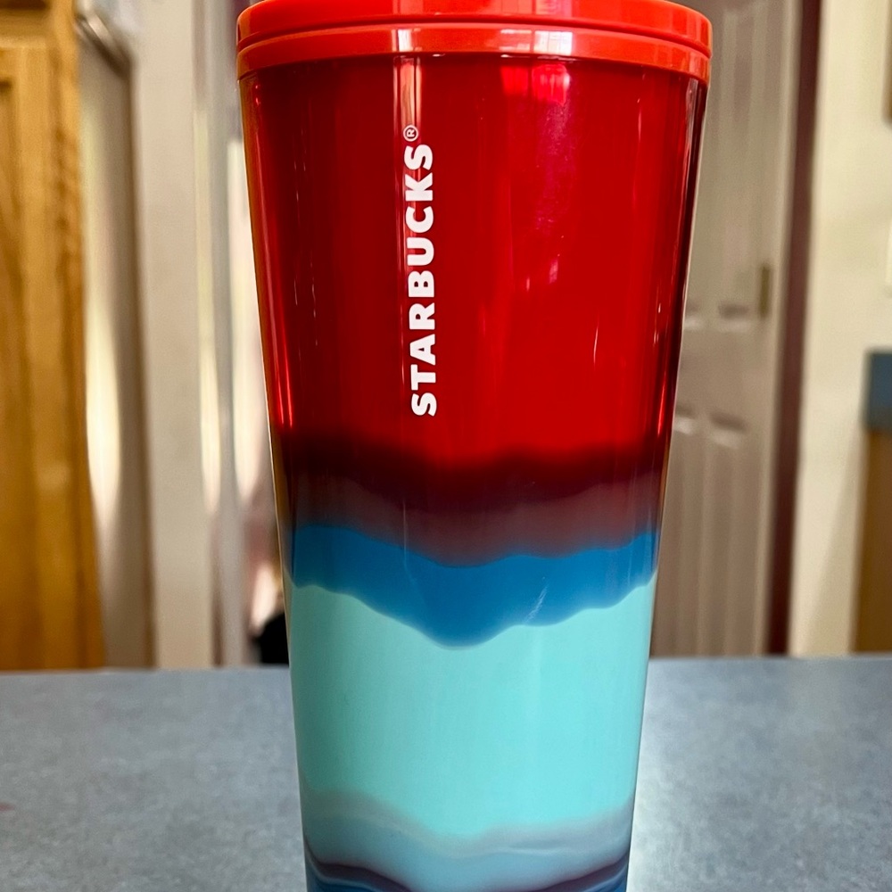 Starbucks Vibrant Red and Blue Tumbler. 24 oz w/straw